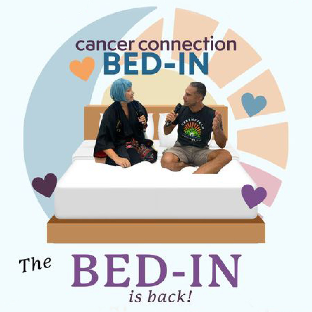 logo for the cancer connection bed-in with a photo of GSB's Tara Brewster in bed interviewing a guest.