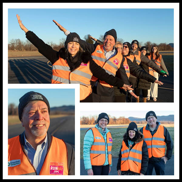 Collage of photos taken on an airport runway showing various staff from Greenfield Savings Bank and Treehouse Foundation.