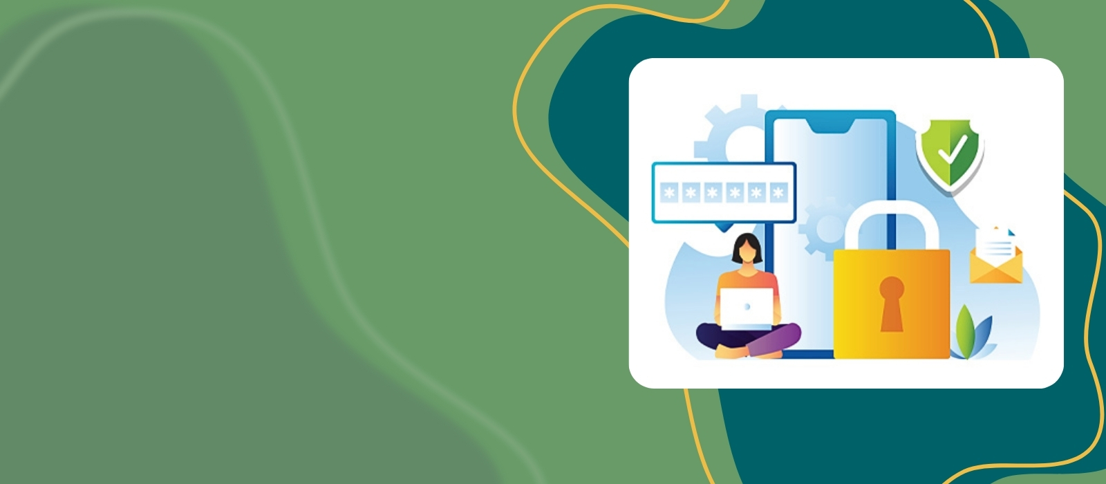 illustration of a woman on a laptop with images of a padlock and passcode around her