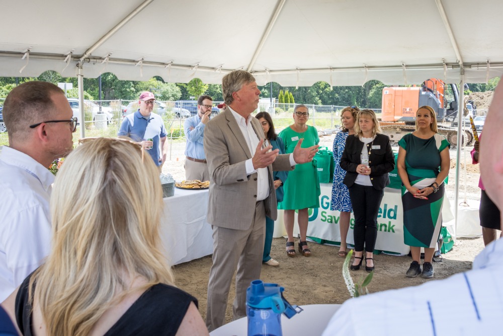Greenfield Savings Bank's President and CEO Tom Meshako speaks at a groundbreaking ceremony for the new Easthampton branch.