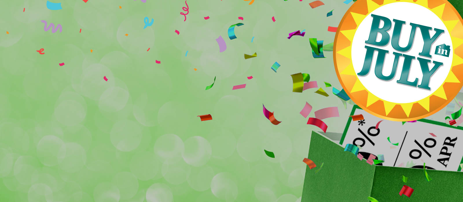 Buy in July circle logo surrounded by confetti