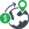 This is a green and dark gray icon representing wire transfers. It has a money symbol with an arrow and a planet. 