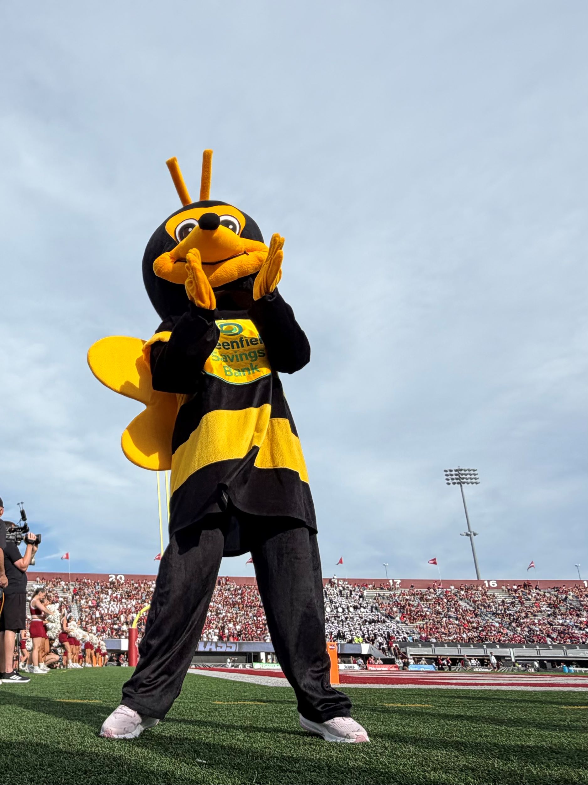 Our bee mascot cheering on the sidelines at McGuirk Stadium at UMass Amherst.