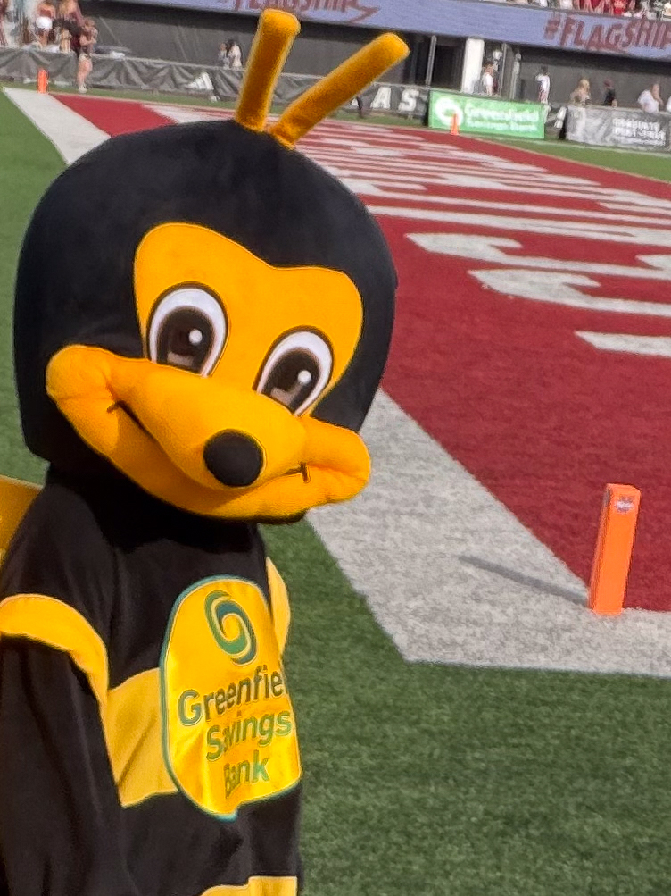 Our bee mascot next to the end zone at McGuirk Stadium at UMass Amherst.