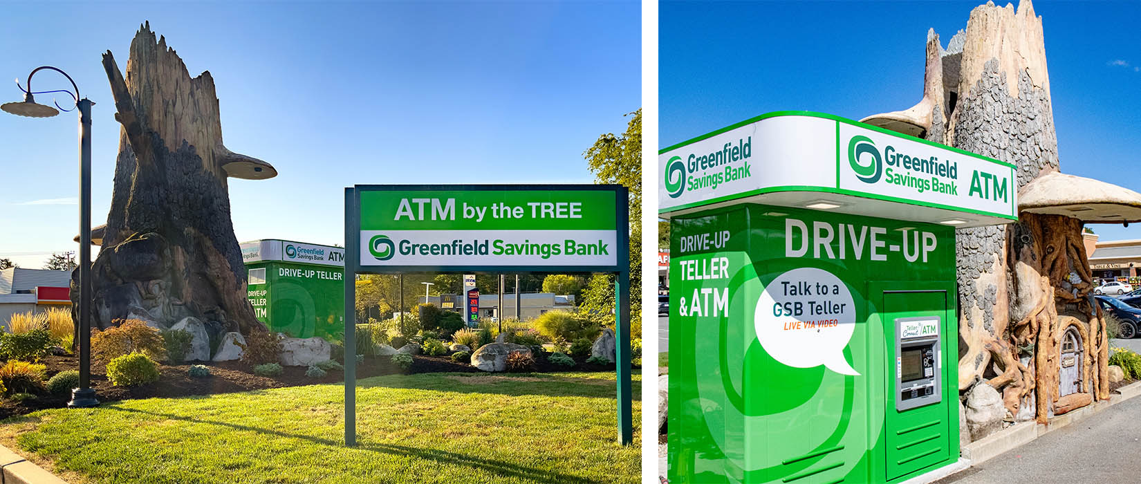 two photos showing the reopened ATM by the Tree in Greenfield
