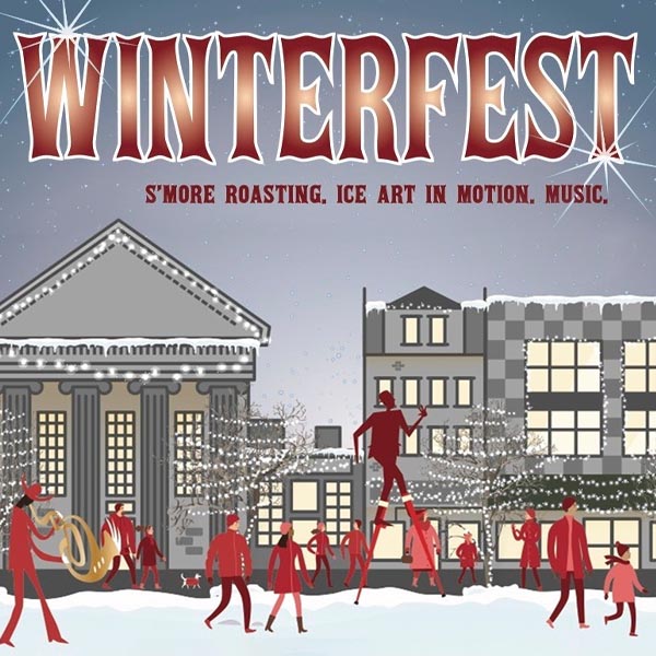 illustration of people walking in downtown Easthampton. Winterfest logo at the top with the words s'more roasting, ice art in motion, music