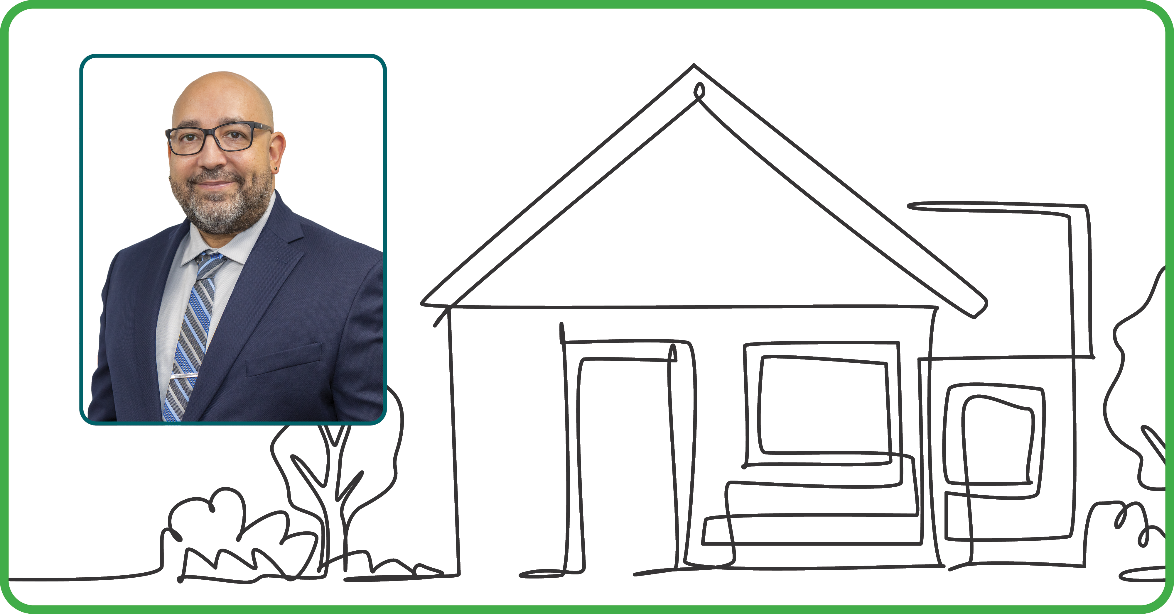A photo of Justo Sepulveda next to a line illustration of a house