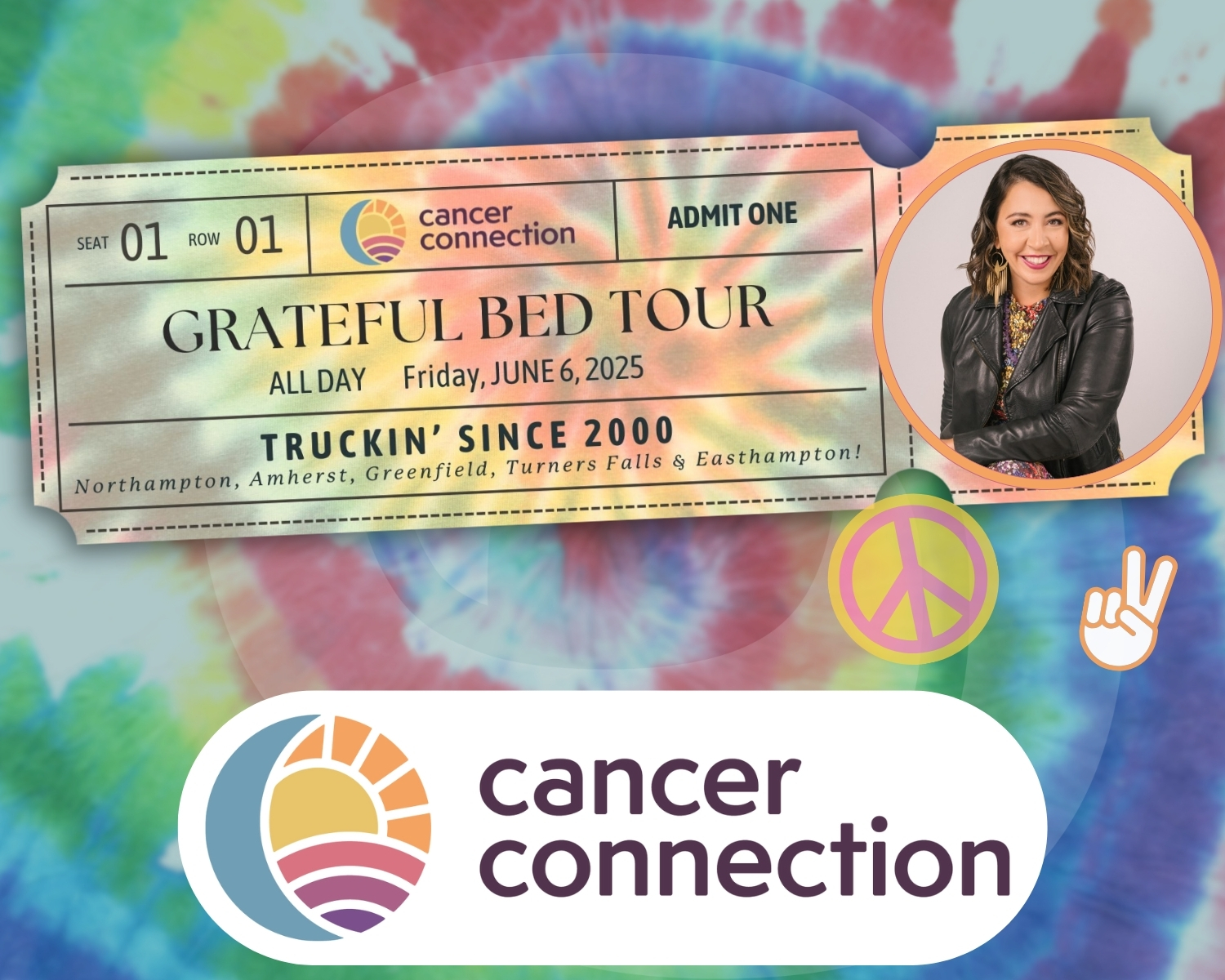 image of a concert ticket that says Grateful Bed Tour. Photo of Tara Brewster next to it.