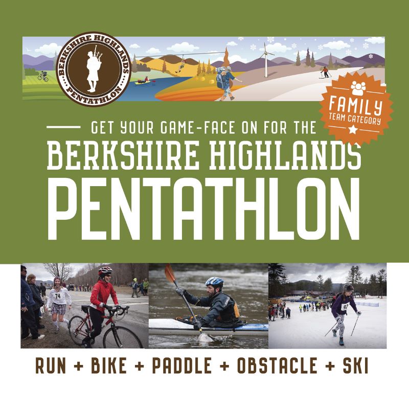Get your game-face on for the Berkshire Highlands Pentathlon. Photos of athletes cycling, skiing and kayaking.