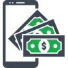 This is an icon representing initiation of payments. It is a cell phone with dollars on it. 