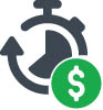 This is an icon representing Save Time. It is a gray timer with a green circle with a dollar sign in the middle of it. 
