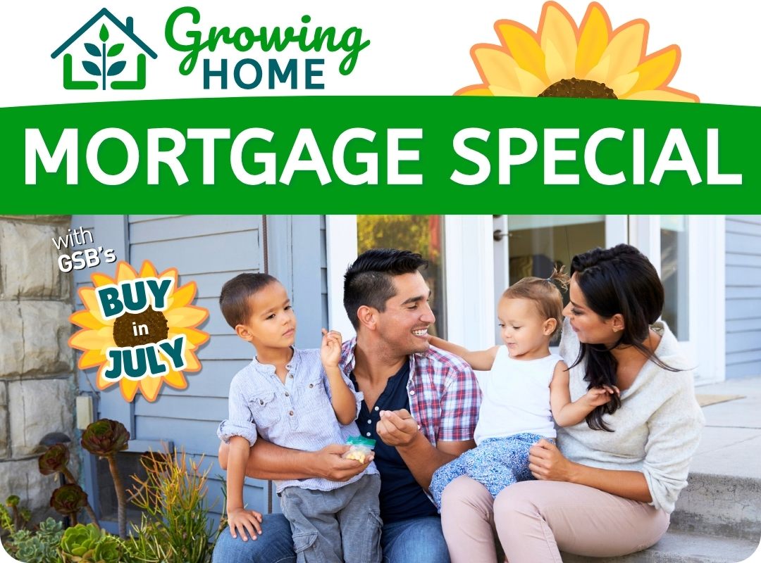 growing home mortgage special logo and photo of family sitting outside their home