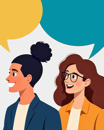 illustration of two people with cartoon talk bubbles above them.