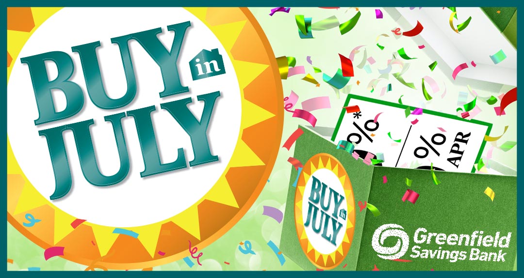 Buy in July circle logo surrounded by confetti