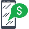 This is an icon representing Monitoring Accounts. It is a cell phone with a thought bubble and a dollar sign on it. 