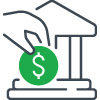 This is an icon for low opening balance benefits. It is an illustration of a financial institution, with a hand holding a green circle with a dollar sign inside of it. 