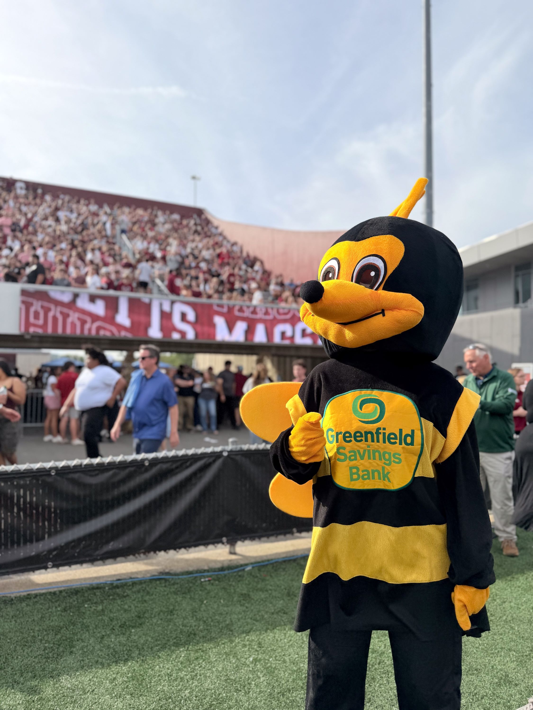 Our bee mascot on the sidelines at McGuirk Stadium at UMass Amherst.